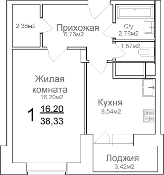 Однокомнатная квартира 38.33 м²